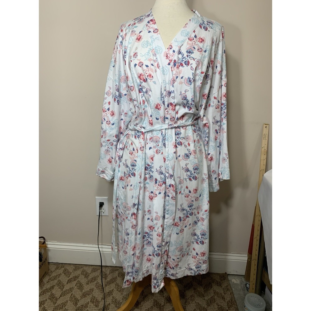Garnet Hill Robe Womens XL White Pink Floral 100% "Green Cotton" Long Pockets - Picture 12 of 14